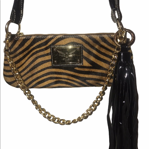 Guia’s 100% Leather Animal Print Gold Chain with Tassel Handbag made in Italy - Picture 2 of 16